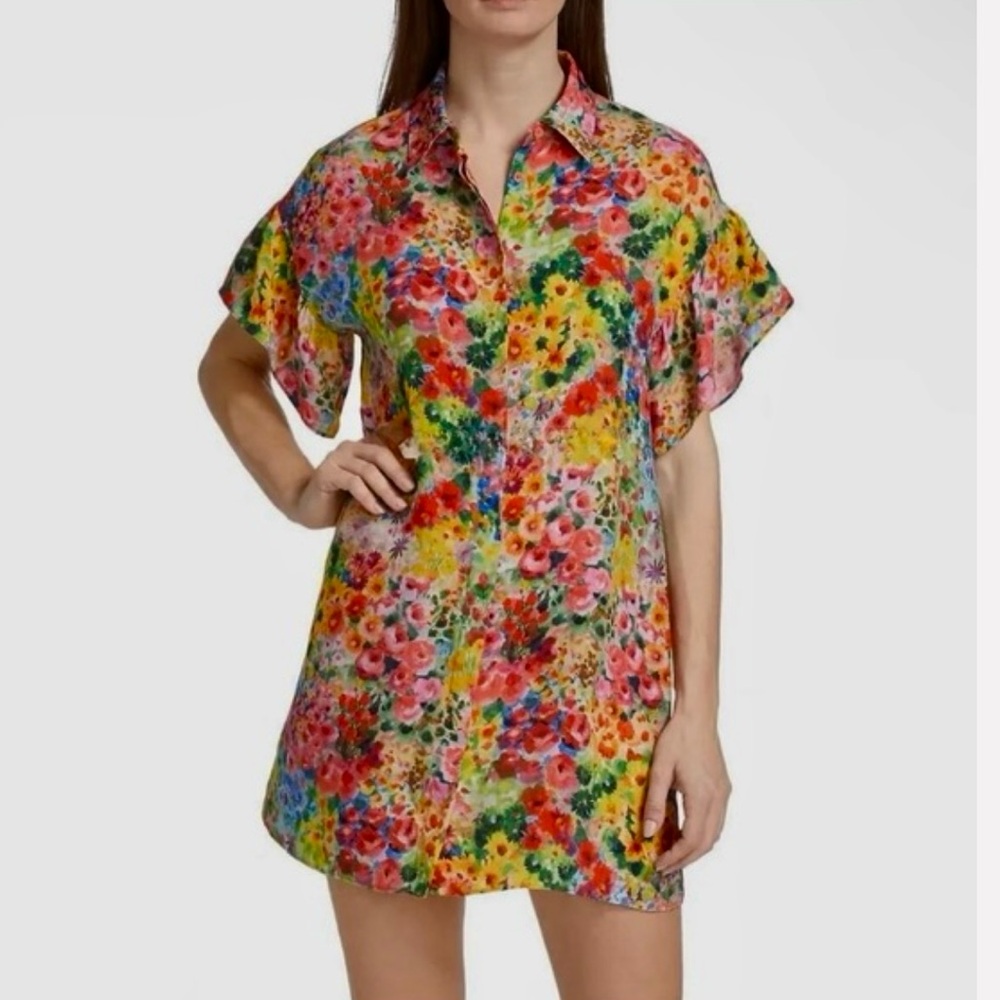 Alice+Olivia Short Sleeves Floral Dress Collared Shirt Dress for Women Sz L